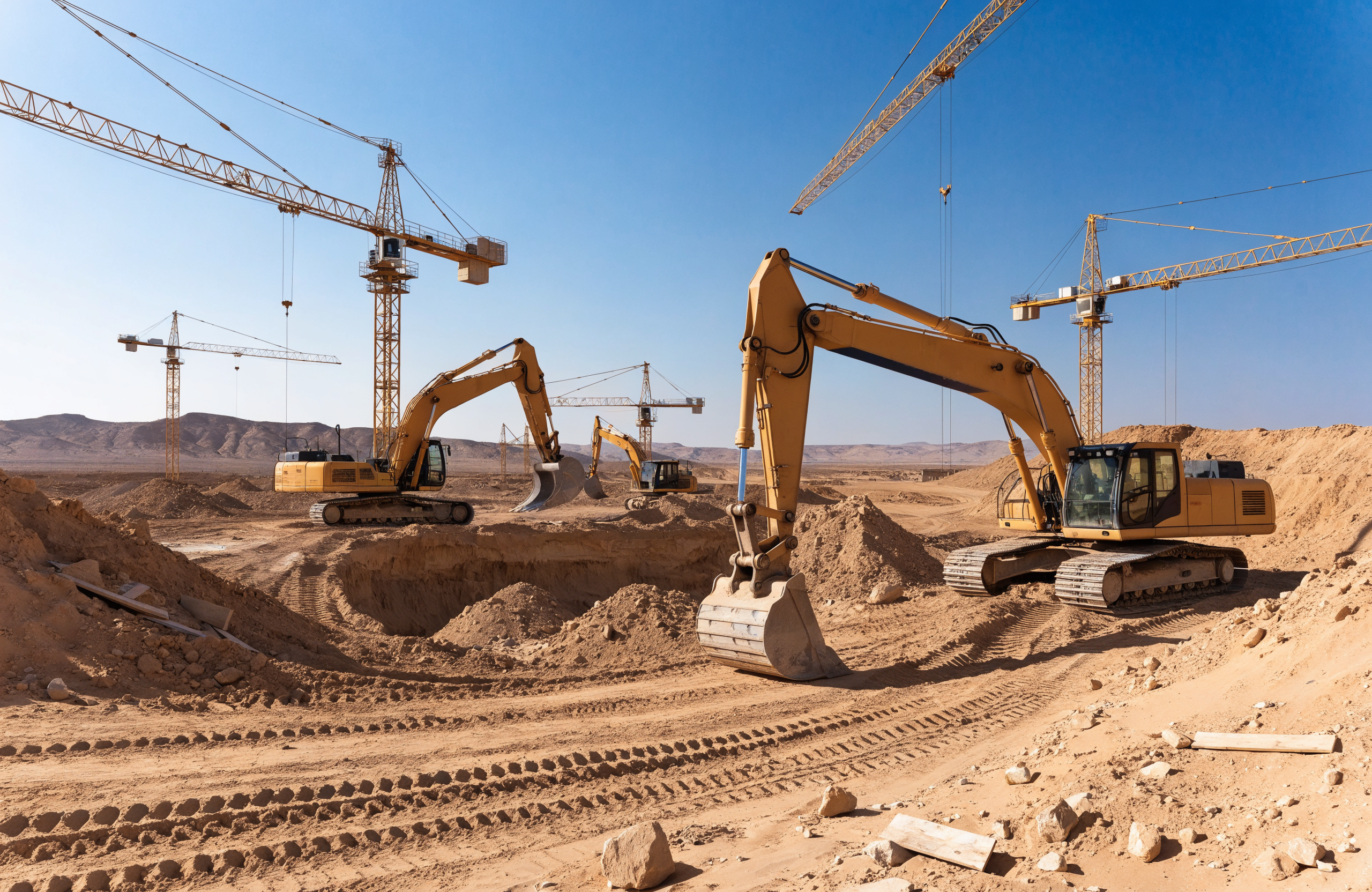 Heavy construction machinery in a GCC desert site